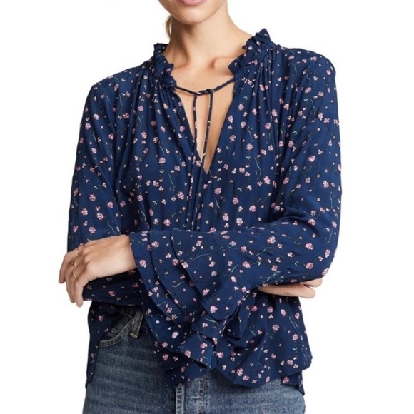 Cleobella Tie Neck Floral Navy Pink Tiered Bell Sleeve Ruffle Phoebe Blouse XS - Picture 1 of 6